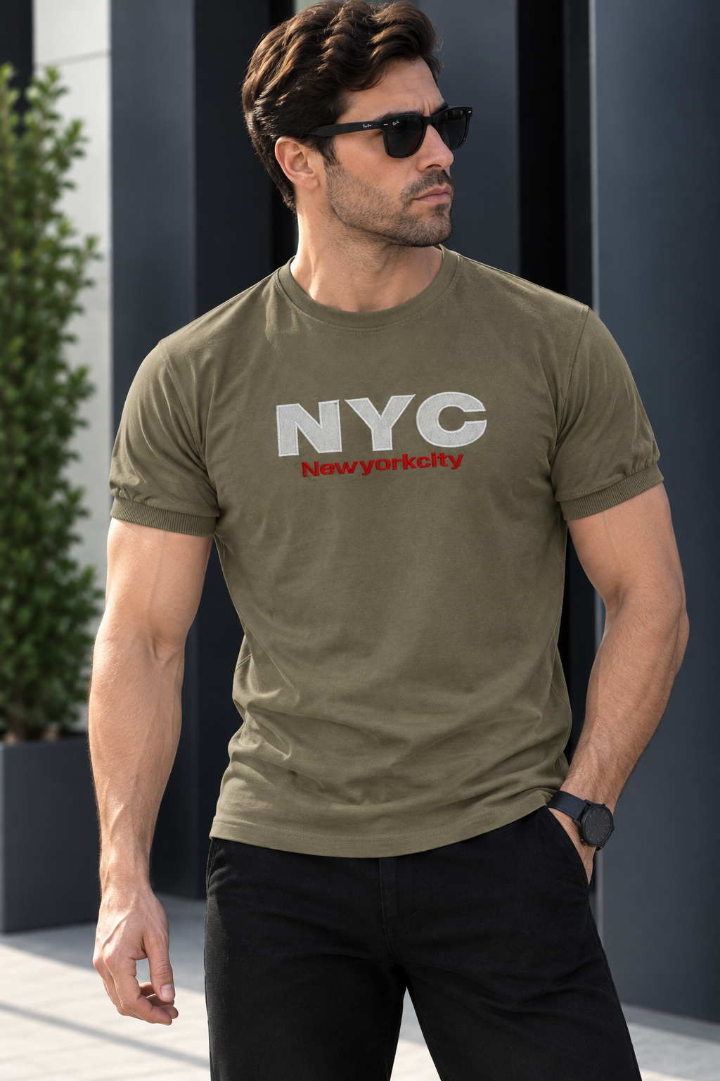 تیشرت مردانه رنگ سبز زیتونی  طرح NYC سایز بندی